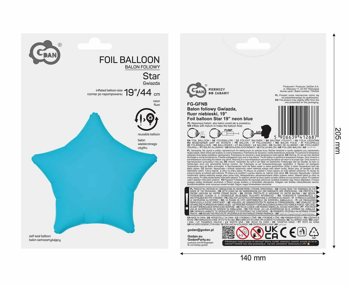 Balon foliowy Gwiazda, fluor niebieski, 19"